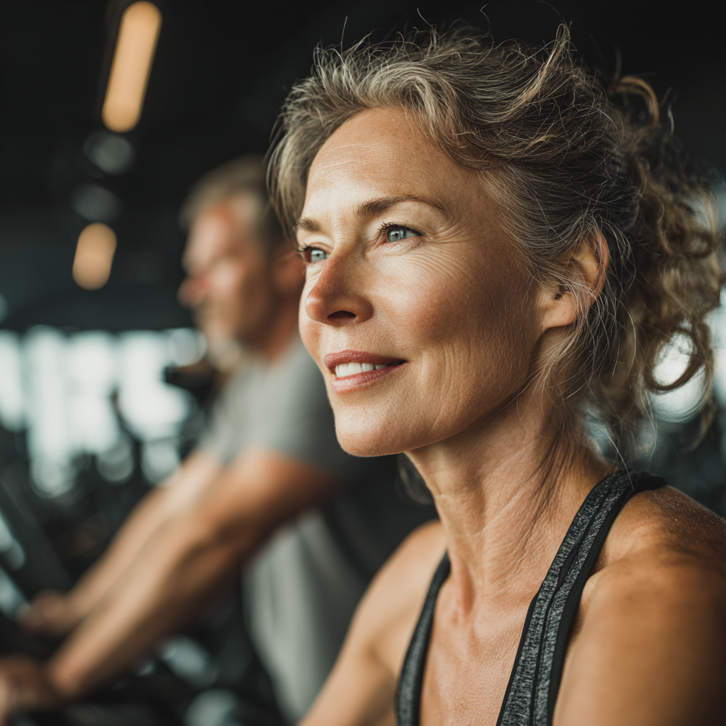 Middle-aged woman exercising with confidence in a modern fitness environment